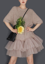 Elegant Oatmeal Color O Neck Wrinkled Tulle Patchwork Knit Sweater Dress