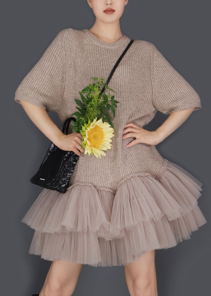 Elegant Oatmeal Color O Neck Wrinkled Tulle Patchwork Knit Sweater Dress