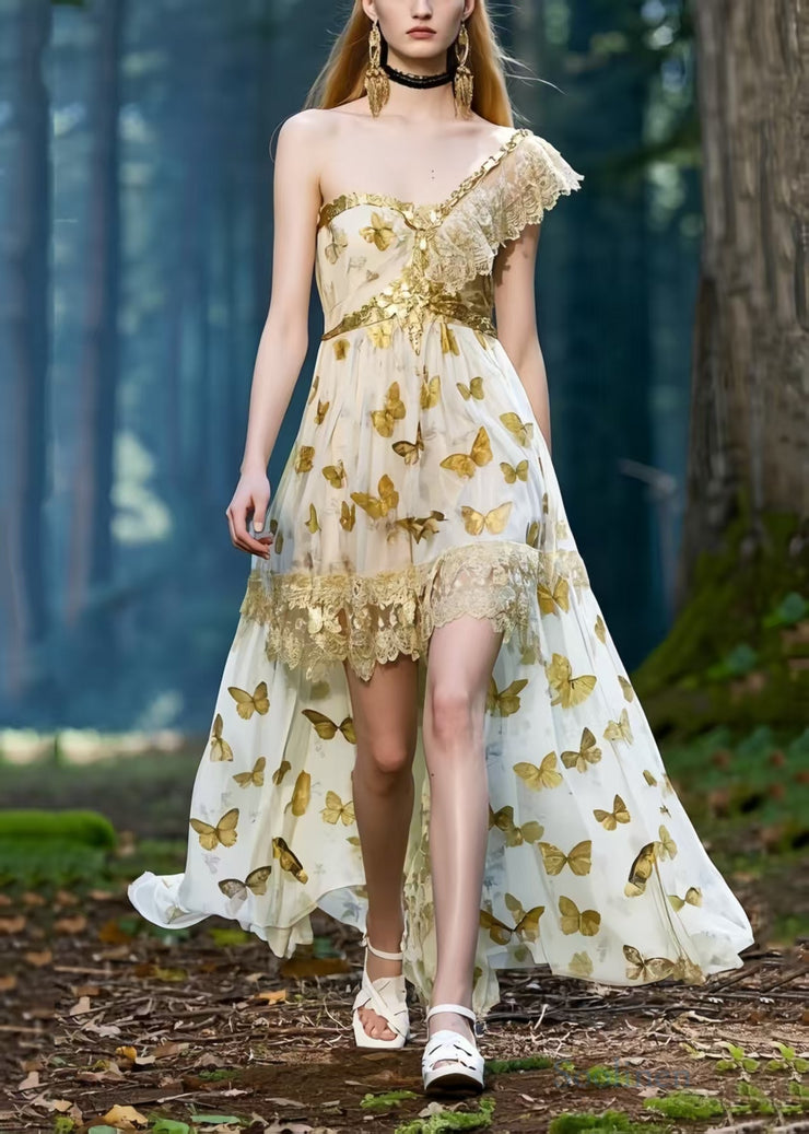 Elegant One Shoulder Butterfly Print Chiffon Vestidos Dresses Summer