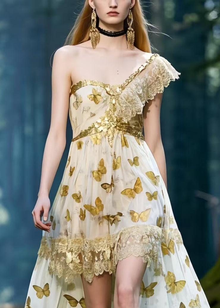 Elegant One Shoulder Butterfly Print Chiffon Vestidos Dresses Summer
