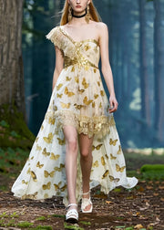 Elegant One Shoulder Butterfly Print Chiffon Vestidos Dresses Summer