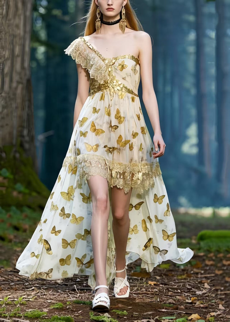 Elegant One Shoulder Butterfly Print Chiffon Vestidos Dresses Summer