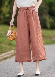 Elegant Orange Elastic Waist Linen Crop Pants Summer