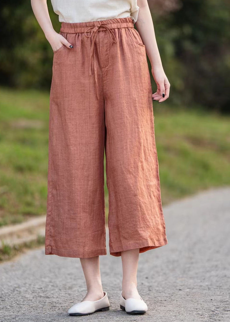 Elegant Orange Elastic Waist Linen Crop Pants Summer