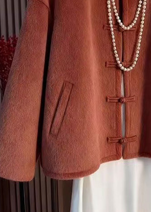 Elegant Orange O-Neck Button Pockets Woolen Coats Winter