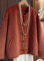 Elegant Orange O-Neck Button Pockets Woolen Coats Winter