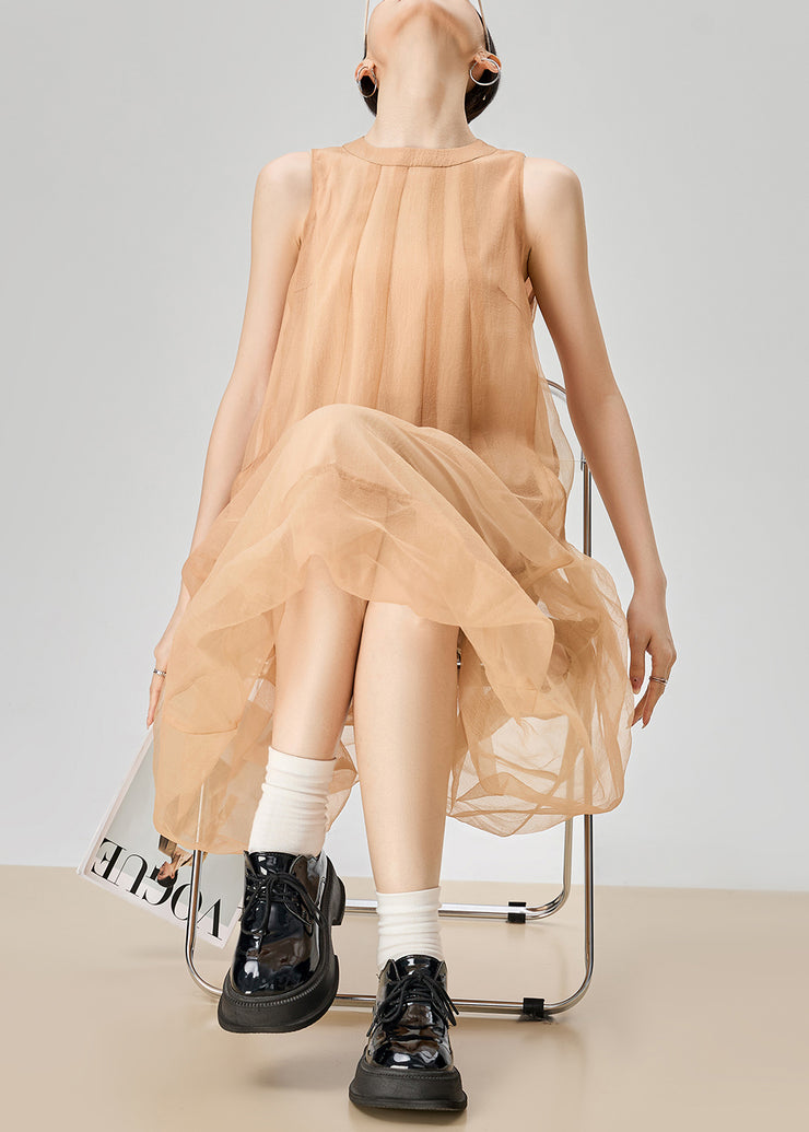 Elegant Orange O Neck Zippered Pockets Tulle Long Dress Sleeveless