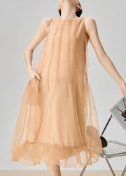 Elegant Orange O Neck Zippered Pockets Tulle Long Dress Sleeveless