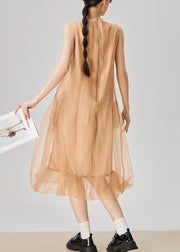 Elegant Orange O Neck Zippered Pockets Tulle Long Dress Sleeveless