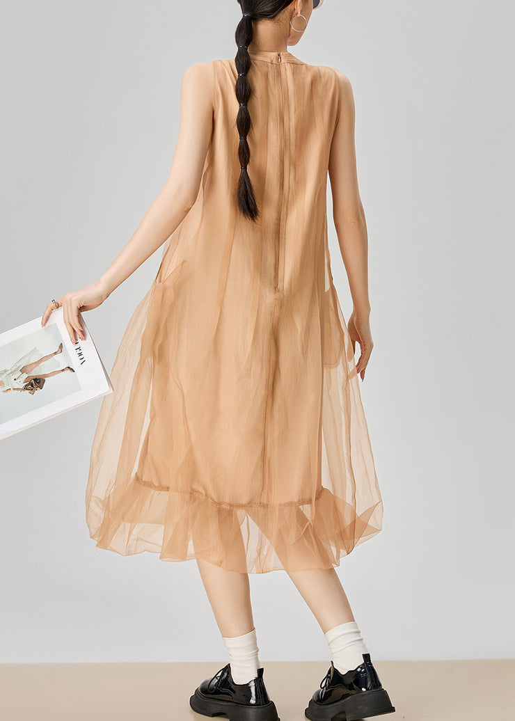 Elegant Orange O Neck Zippered Pockets Tulle Long Dress Sleeveless