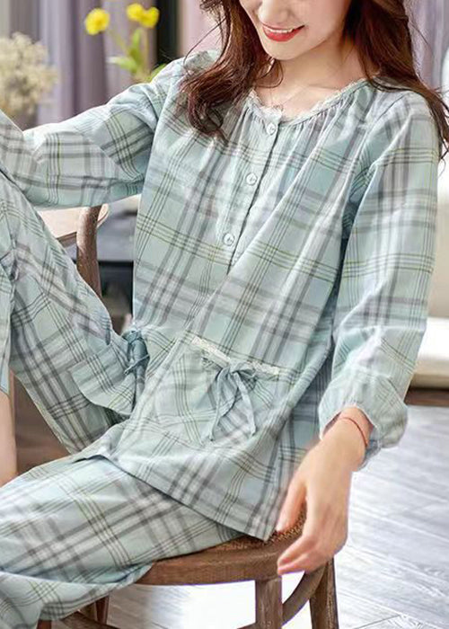 Elegant Peter Pan Collar Plaid Bow Cotton Pajamas Two Pieces Set Fall