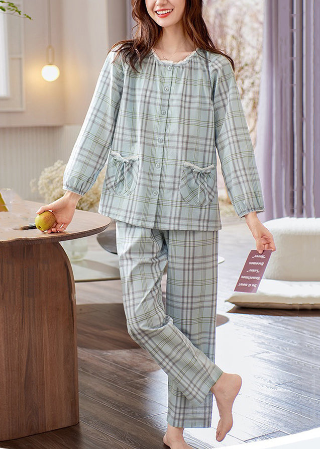 Elegant Peter Pan Collar Plaid Bow Cotton Pajamas Two Pieces Set Fall