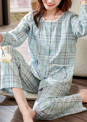 Elegant Peter Pan Collar Plaid Bow Cotton Pajamas Two Pieces Set Fall