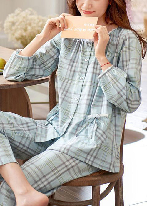 Elegant Peter Pan Collar Plaid Bow Cotton Pajamas Two Pieces Set Fall