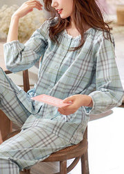 Elegant Peter Pan Collar Plaid Bow Cotton Pajamas Two Pieces Set Fall