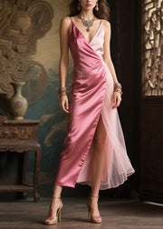 Elegant Pink Asymmetrical Patchwork Side Open Silk Holiday Dresses Summer