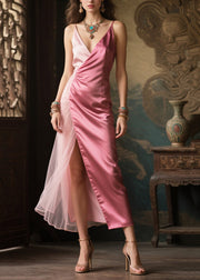 Elegant Pink Asymmetrical Patchwork Side Open Silk Holiday Dresses Summer