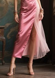 Elegant Pink Asymmetrical Patchwork Side Open Silk Holiday Dresses Summer