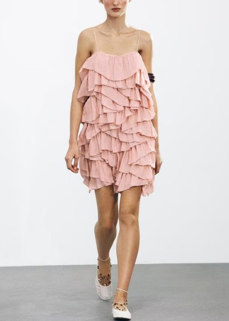 Elegant Pink Backless Layered Cotton Spaghetti Strap Dress Sleeveless