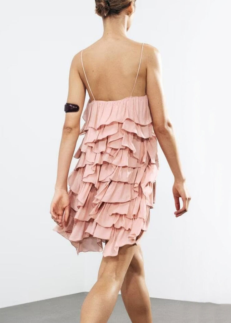 Elegant Pink Backless Layered Cotton Spaghetti Strap Dress Sleeveless