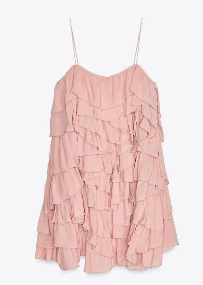 Elegant Pink Backless Layered Cotton Spaghetti Strap Dress Sleeveless
