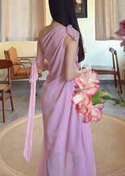 Elegant Pink Cold Shoulder Lace Up Chiffon Long Dress Sleeveless