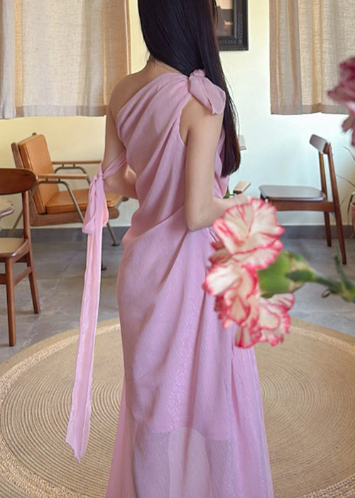 Elegant Pink Cold Shoulder Lace Up Chiffon Long Dress Sleeveless