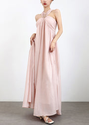 Elegant Pink Cold Shoulder Pearl Solid Cotton Maxi Dresses Sleeveless