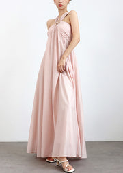 Elegant Pink Cold Shoulder Pearl Solid Cotton Maxi Dresses Sleeveless