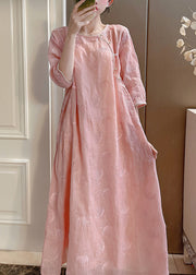 Elegant Pink Embroidered Button Linen Two-Piece Set Half Sleeve