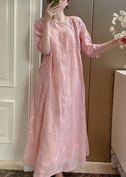 Elegant Pink Embroidered Button Linen Two-Piece Set Half Sleeve