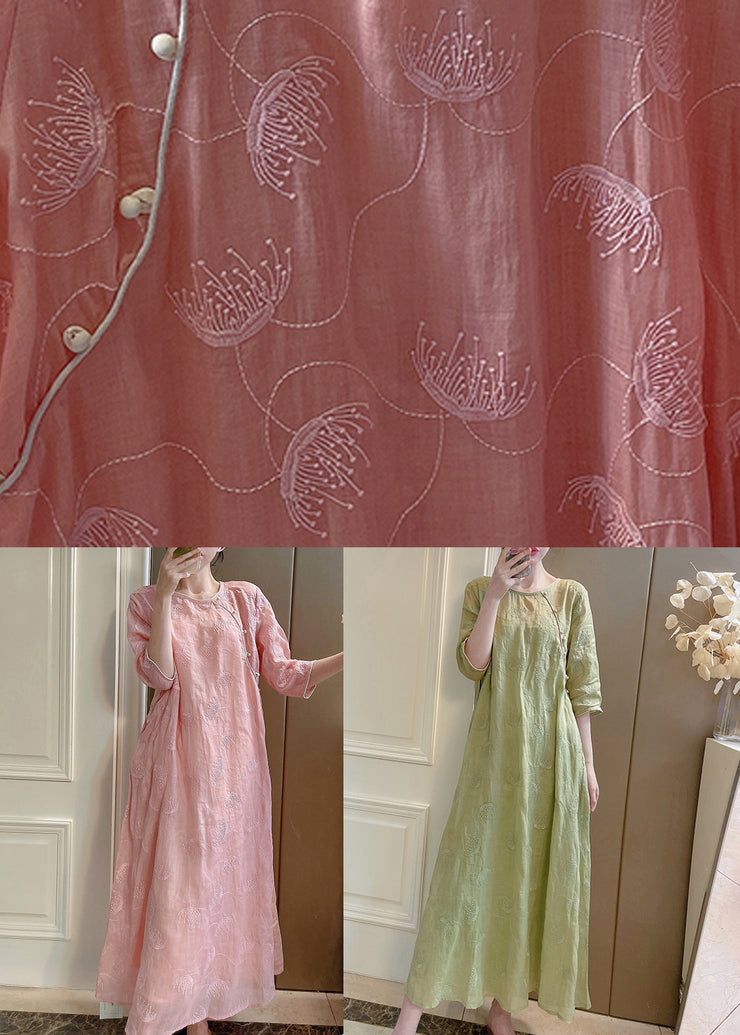 Elegant Pink Embroidered Button Linen Two-Piece Set Half Sleeve