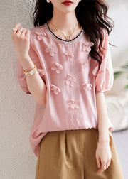 Elegant Pink Floral Knit Patchwork Chiffon Shirt Summer