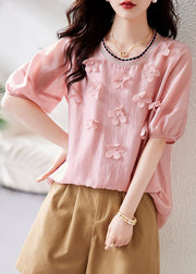 Elegant Pink Floral Knit Patchwork Chiffon Shirt Summer