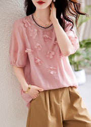 Elegant Pink Floral Knit Patchwork Chiffon Shirt Summer