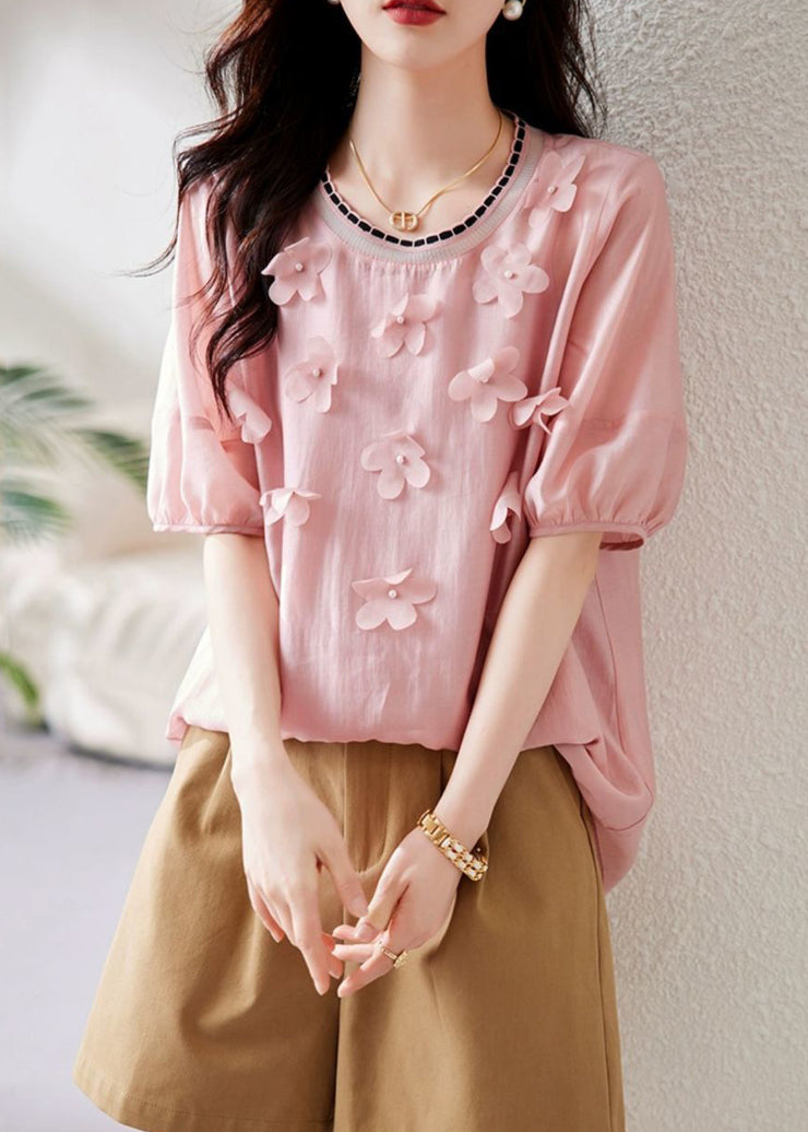 Elegant Pink Floral Knit Patchwork Chiffon Shirt Summer