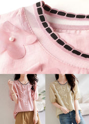 Elegant Pink Floral Knit Patchwork Chiffon Shirt Summer