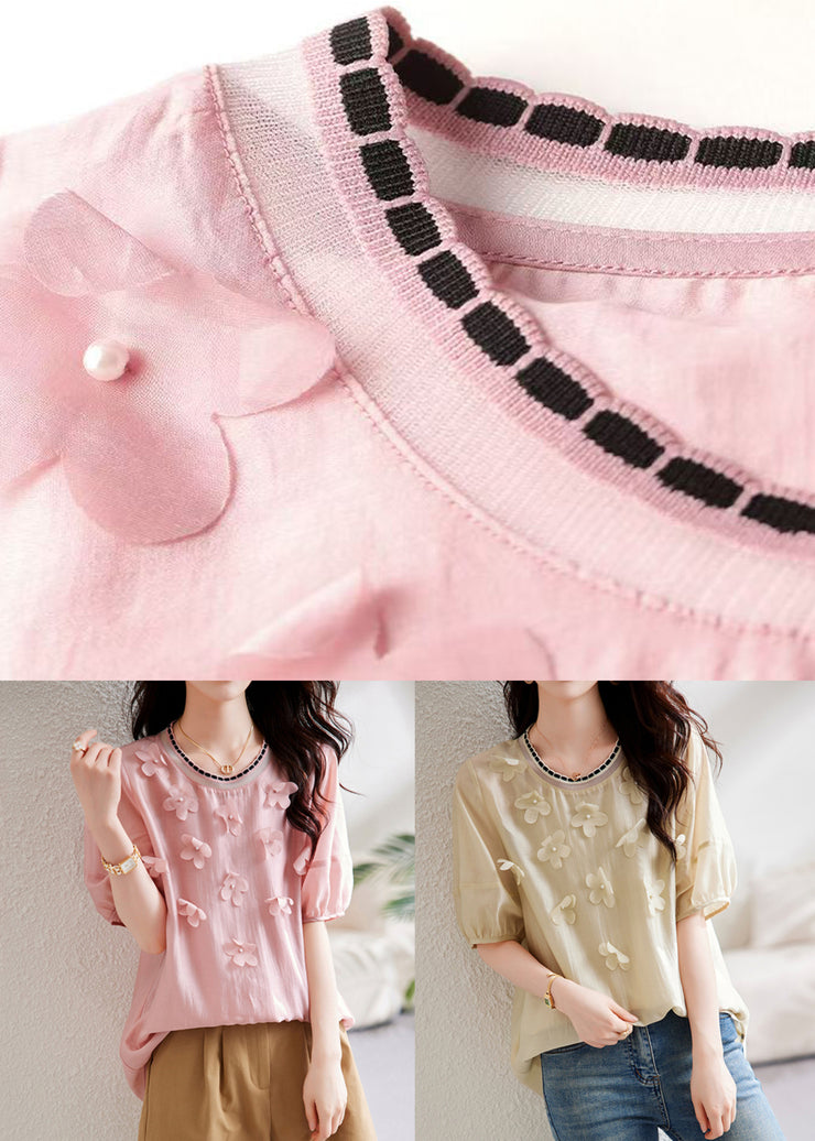 Elegant Pink Floral Knit Patchwork Chiffon Shirt Summer