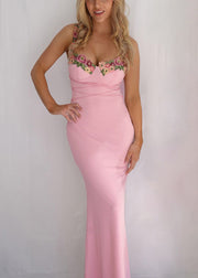 Elegant Pink Floral Patchwork Cotton Spaghetti Strap Dress Sleeveless