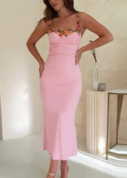 Elegant Pink Floral Patchwork Cotton Spaghetti Strap Dress Sleeveless