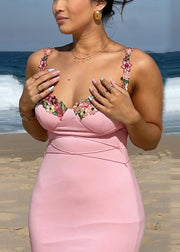 Elegant Pink Floral Patchwork Cotton Spaghetti Strap Dress Sleeveless