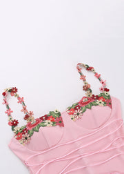 Elegant Pink Floral Patchwork Cotton Spaghetti Strap Dress Sleeveless