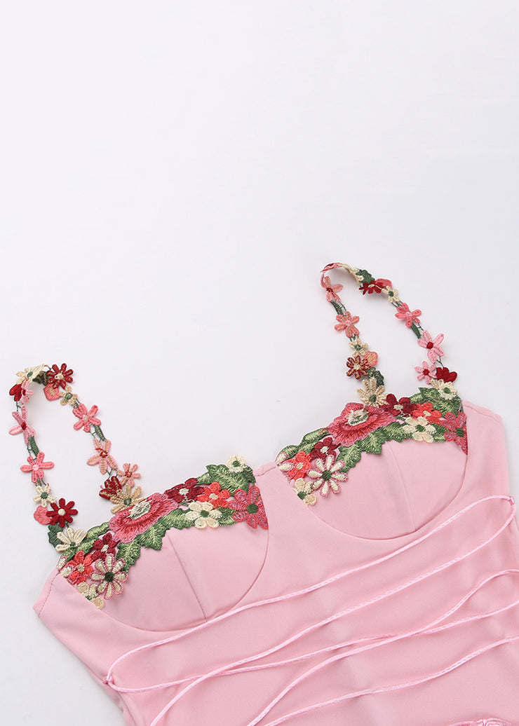 Elegant Pink Floral Patchwork Cotton Spaghetti Strap Dress Sleeveless