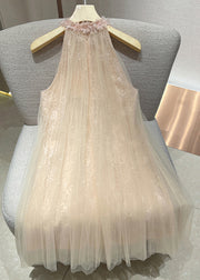 Elegant Pink Floral Sequins Tulle Mini Dress Sleeveless