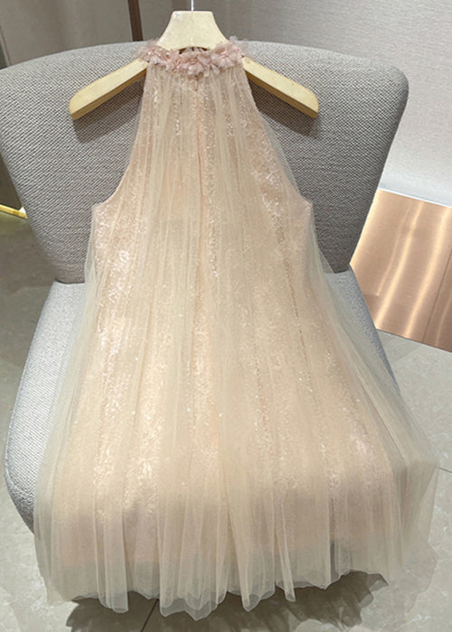 Elegant Pink Floral Sequins Tulle Mini Dress Sleeveless
