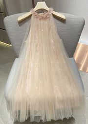 Elegant Pink Floral Sequins Tulle Mini Dress Sleeveless