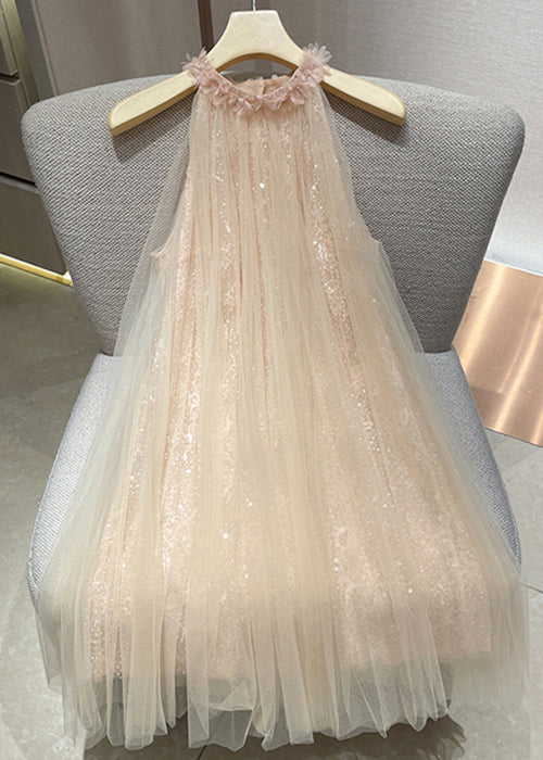 Elegant Pink Floral Sequins Tulle Mini Dress Sleeveless