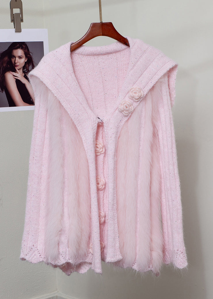 Elegant Pink Fox Fur Floral Button Patchwork Knit Sweater