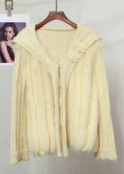 Elegant Pink Fox Fur Floral Button Patchwork Knit Sweater