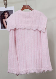 Elegant Pink Fox Fur Floral Button Patchwork Knit Sweater